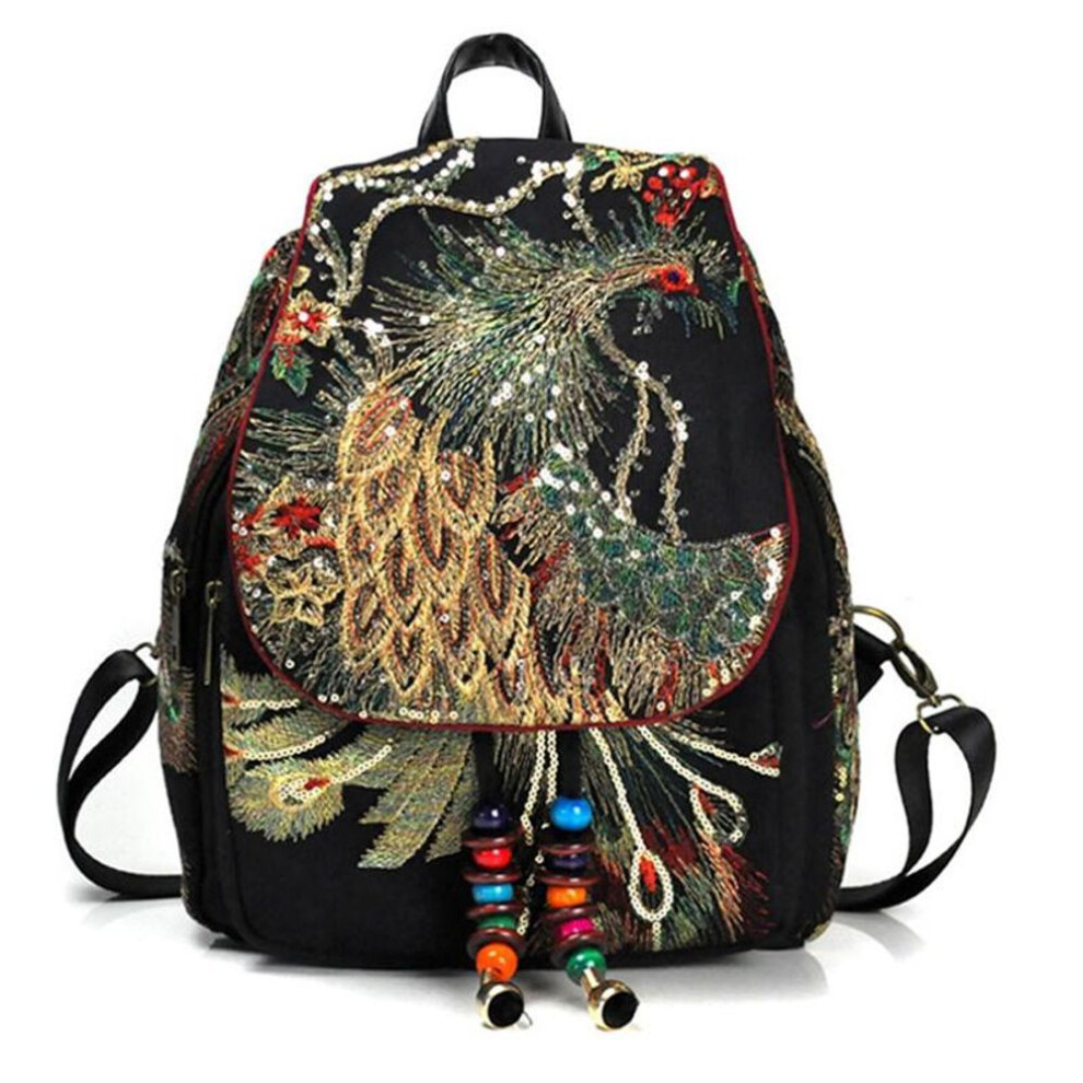 (black, 26*12*36cm) Yogodlns Fashion Sequins Backpack Women Large Capacity Rucksack Luxury Peacock Embroidery Knapsack Casual Lady Packs Travel Bag