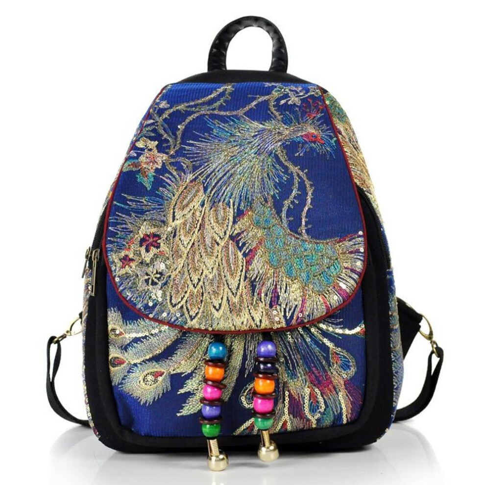 (blue, 26*12*36cm) Yogodlns Fashion Sequins Backpack Women Large Capacity Rucksack Luxury Peacock Embroidery Knapsack Casual Lady Packs Travel Bag
