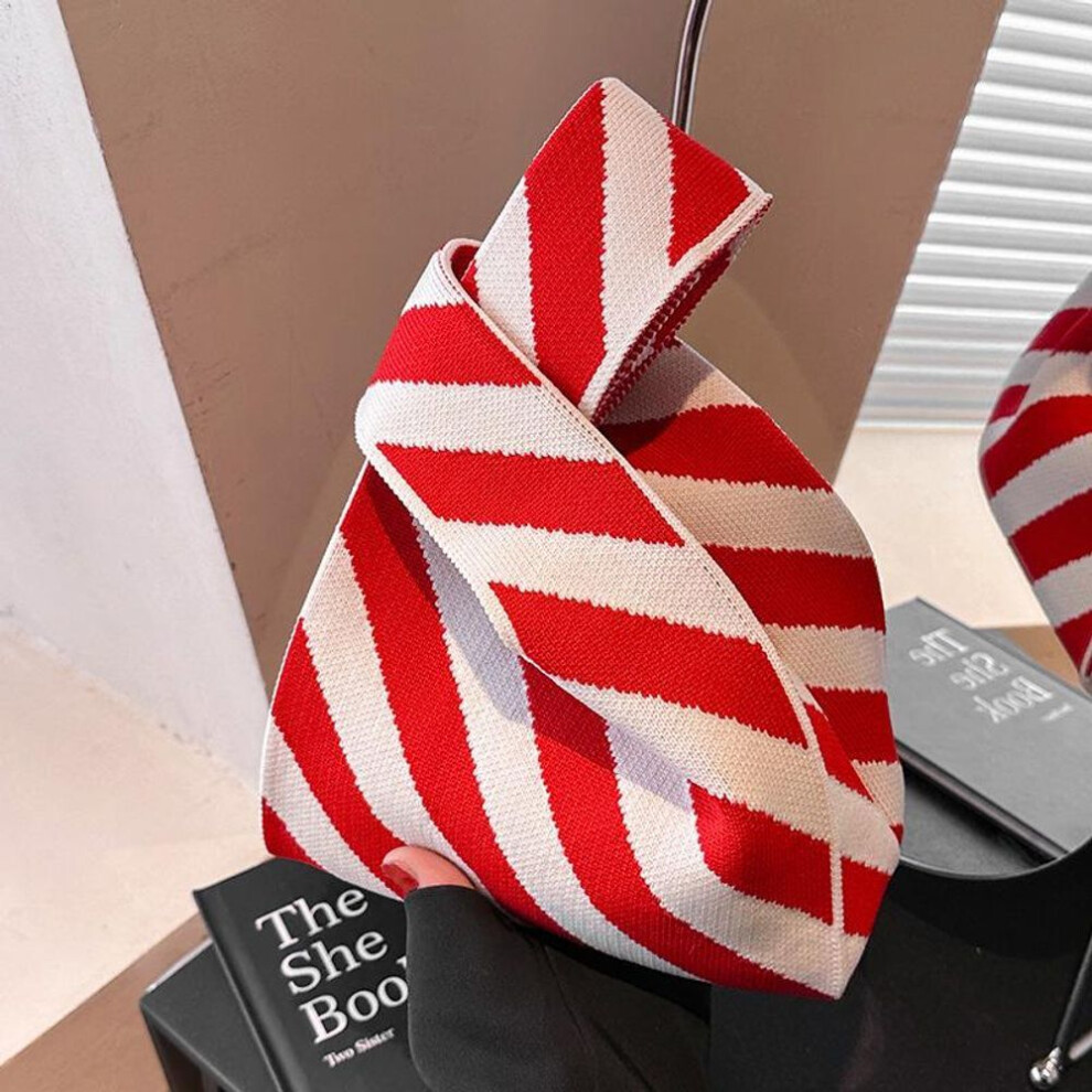 (red,white, 21x36cm) Yogodlns Handmade Knit Handbag Women Mini Knot Wrist-bag Female Casual Color Wide Stripe Tote Shoulder Bag Student Reusable Shopping Bag