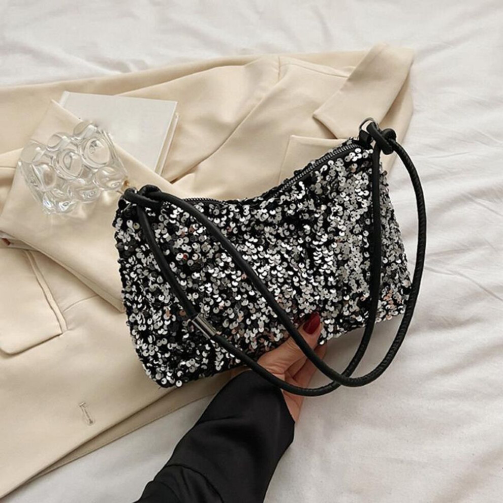 (silver, 26x9x13cm) Yogodlns Vintage Sequin Women Party Small Shoulder Bag Fashion Solid Color Zipper All-match Hobo Underarm Bag