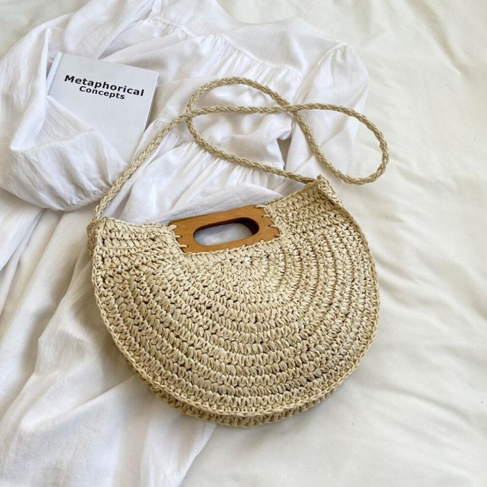 (beige, 33x6x27.5cm) Yogodlns Minimalist Straw Women Summer Half-moon Beach Handbags Rattan Handmade Kintted Handle Crossbody Bag