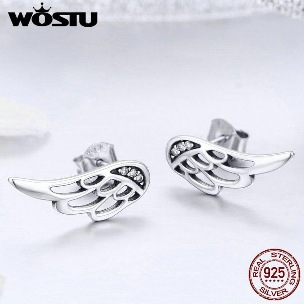 (silver) WOSTU Genuine 925 Sterling Silver Feather Fairy Wings Stud Earrings for Women Christmas Jewelry