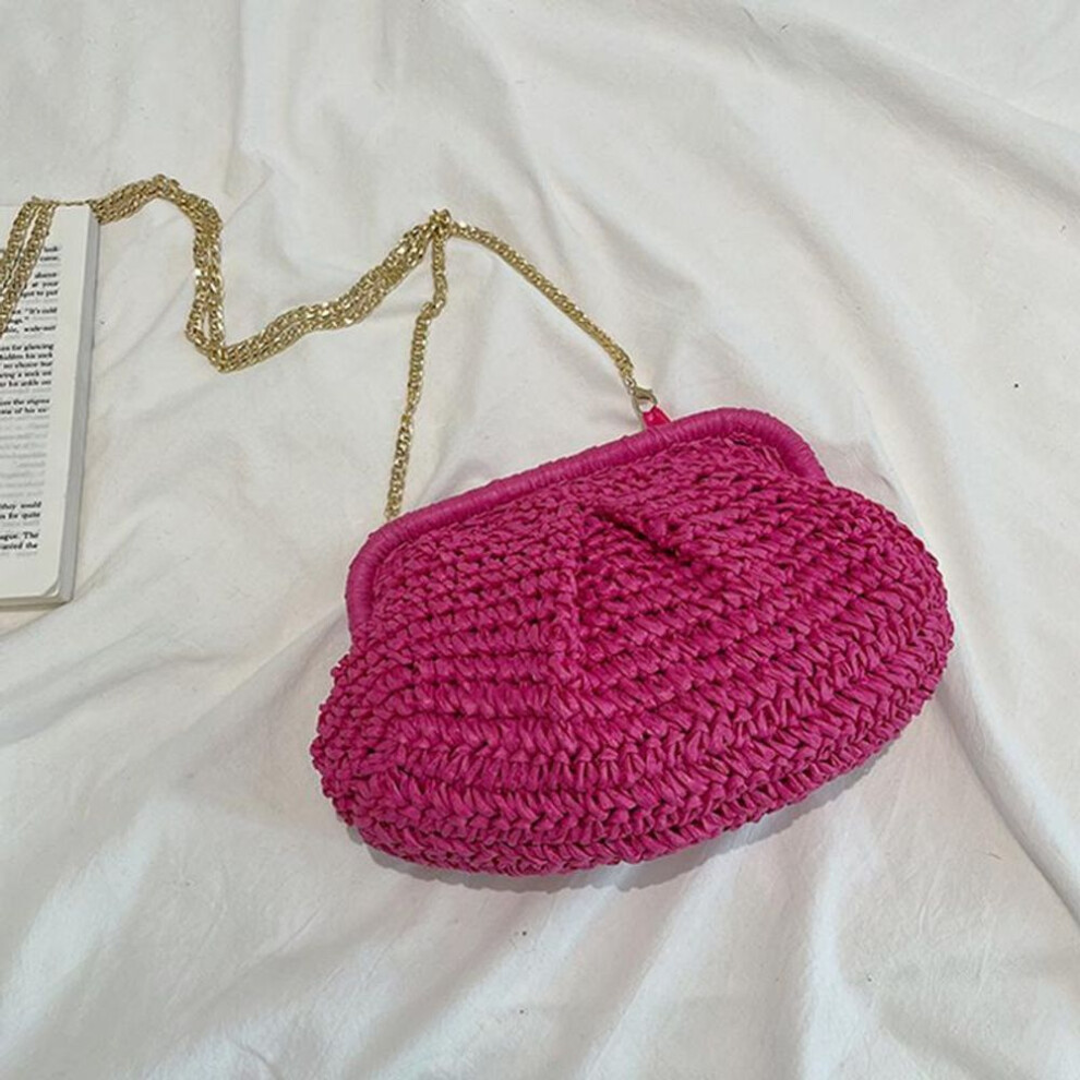(hot pink, 28x8x19cm) Yogodlns Women Summer Straw Chain Design Small Sling Shoulder Bag Fashion Woven Dinner Clutch Beach Crossbody Bag