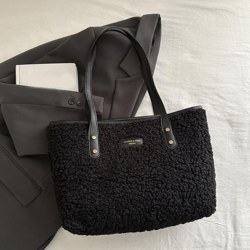 (black, 32x11.5x25cm) Yogodlns Soft Handbag Large Capacity Fall Winter Shoulder Bag Women Lamb Wool Tote Bag Zipper Closure Casual Shopping Traveling Tote