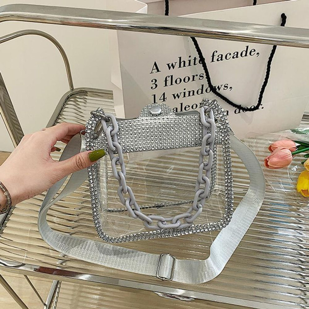 (silver, 19x10x16cm) Yogodlns PVC Transparent Shoulder Crossbody Bag Rhinestone Thick Chain Ladies Small Purse and Handbags Fashion Jelly Summer Beach Totes