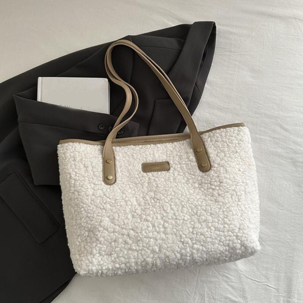 (beige, 32x11.5x25cm) Yogodlns Soft Handbag Large Capacity Fall Winter Shoulder Bag Women Lamb Wool Tote Bag Zipper Closure Casual Shopping Traveling Tote