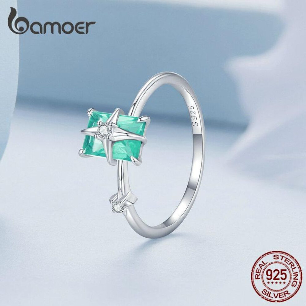 (7) BAMOER 925 Sterling Silver Light Green Square Stone Finger Ring Starburst Ring for Women Birthday Party Fine Jewelry Gift