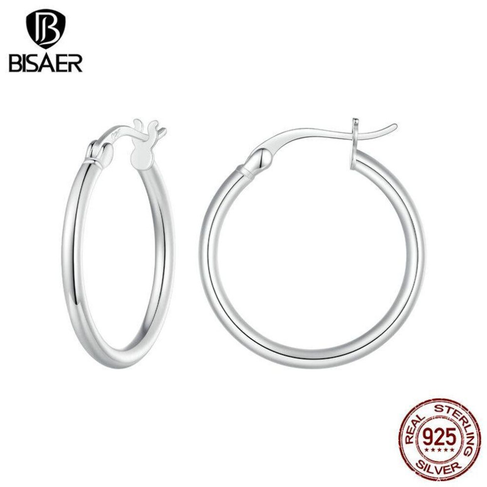 (silver, L) BISAER 925 Sterling Silver Lightweight Hoops, 14mm - 24mm Platinum Plated Hypoallergenic Hoop Earrings for Women