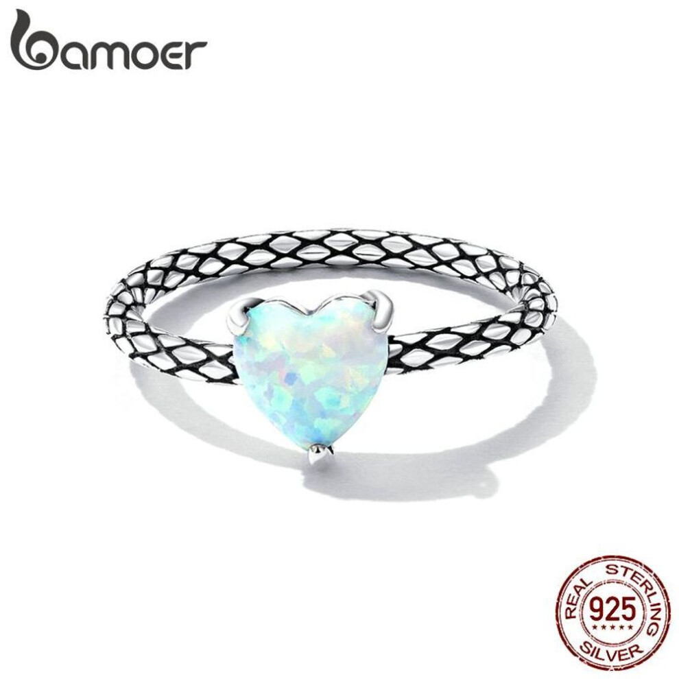 (7) BAMOER 925 Sterling Sliver Sky Blue Heart Opal Snake Pattern Rings For Women Wedding Jewelry
