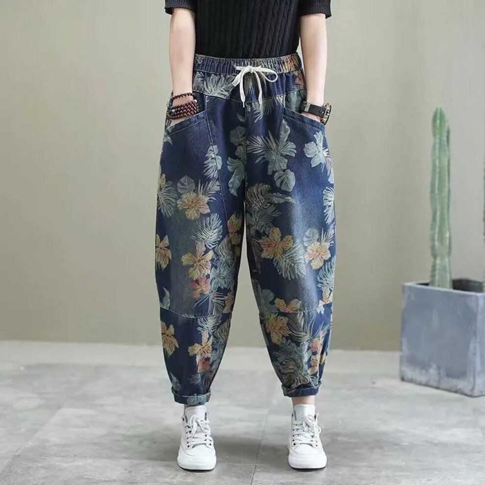 (blue, XXL) Vintage Printing Harem Pants Jeans Women Fashion Casual Loose Lace-up Summer Lantern Pants Ladies Streetwear Trousers