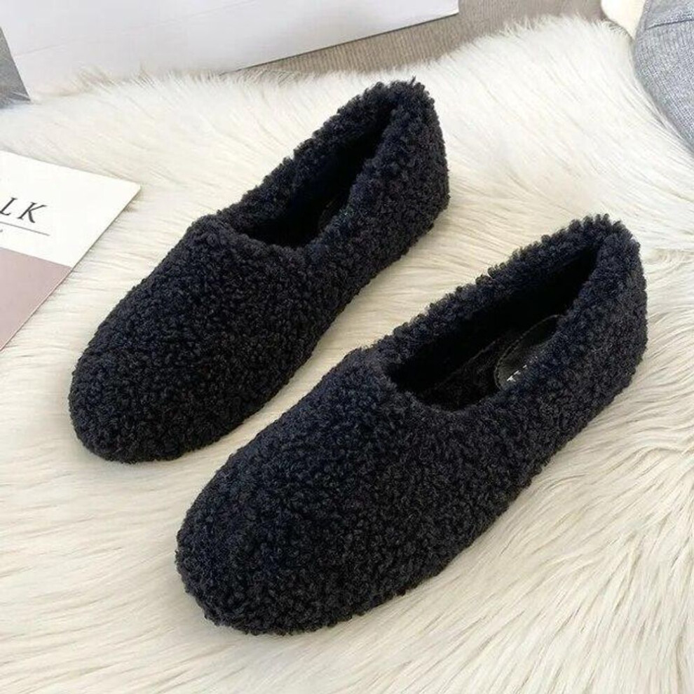 (black, 37) Luxury Lambwool Moccasins Femme Winter Cotton Shoes Women Warm Plush Loafers Comfy Curly Sheep Fur Flats Woman Large Size 40-43