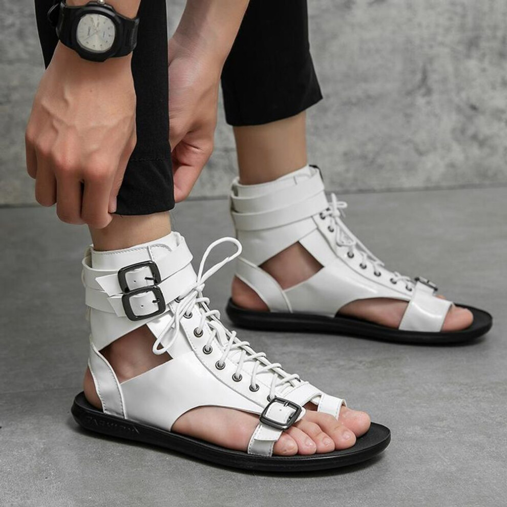 (white, 44) Men Roman Sandals Black White Leather Gladiator Sandals Outdoor Summer Roman Sandals for Men Peep Toe Open Toe Beach Shoes