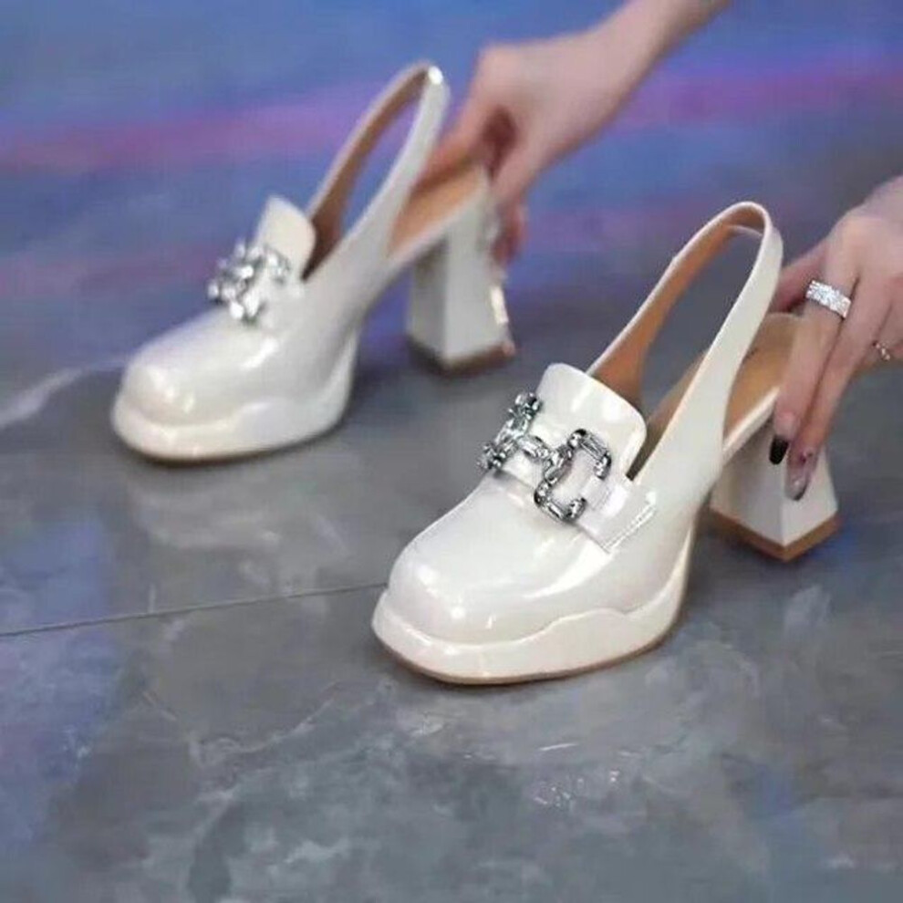 (beige, 39) Women Chunky Platform High Heels Pumps Female Summer Patent Leather Shoes Woman Luxury Rhinestone Design Ankle Straps Party Shoe