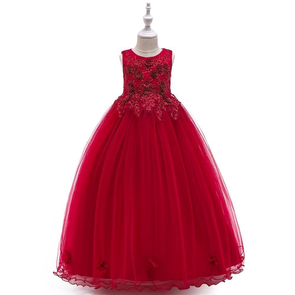 (dark red, 120) Lace Beaded Applique Long Ball Gown Kids Dress Girl Party Elegant Teenager Formal Wedding Dresses
