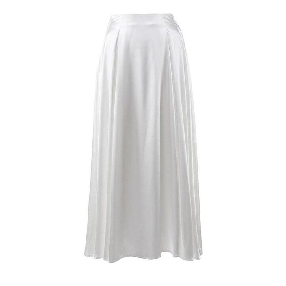 (white, L) Women Summer Elegant High Waist Satin Solid Color Casual Ruffles A Line Skirt