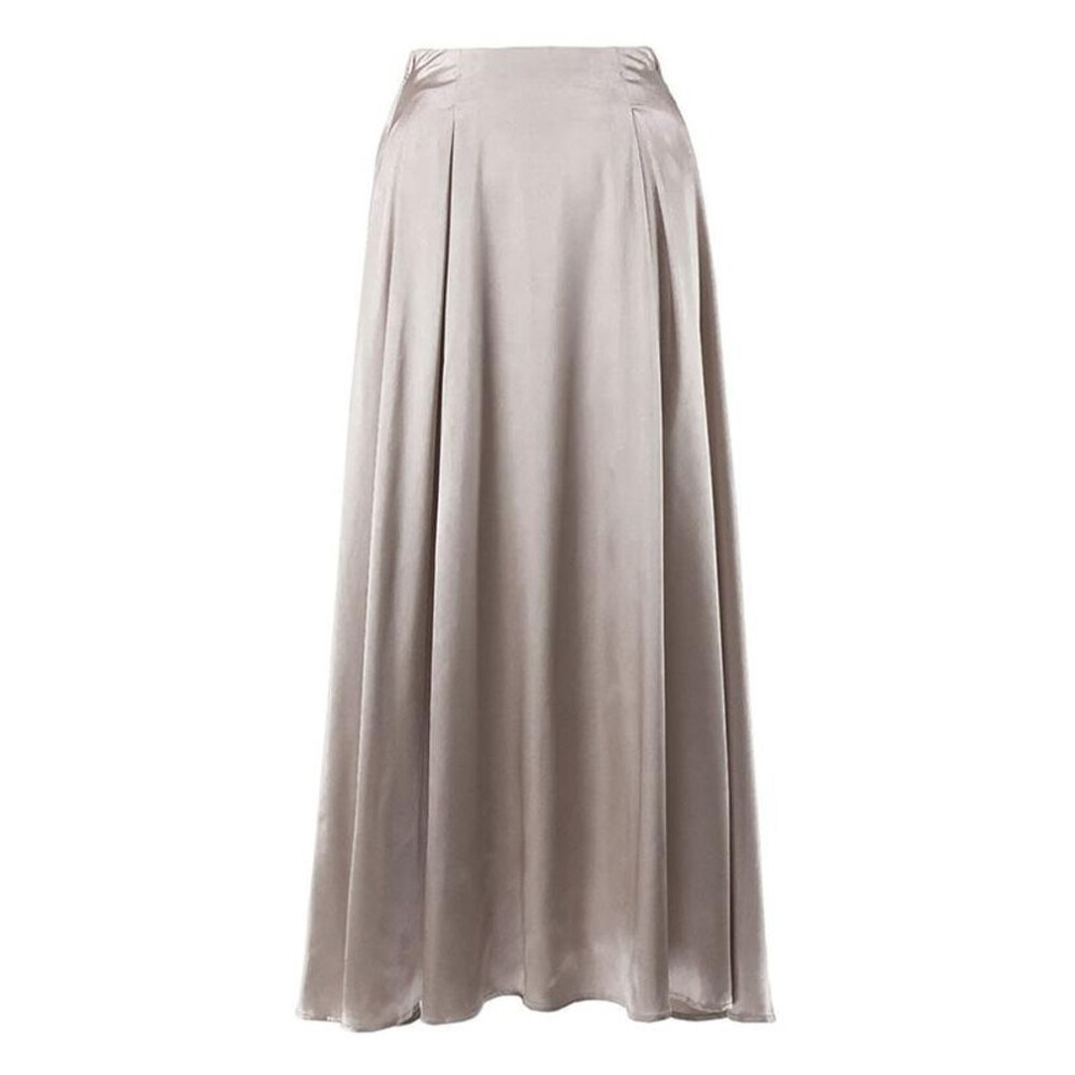 (khaki, S) Women Summer Elegant High Waist Satin Solid Color Casual Ruffles A Line Skirt