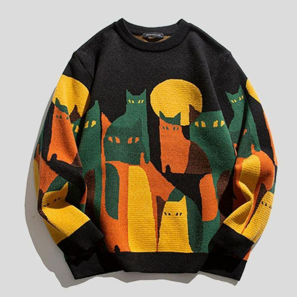 (black, 2XL) Mens Women Pull Knitted Sweater With Cats Sweatshirts Y2K Clothes Pullover Long Sleeve Winter Jumper Knit Fleece Sweater For Men