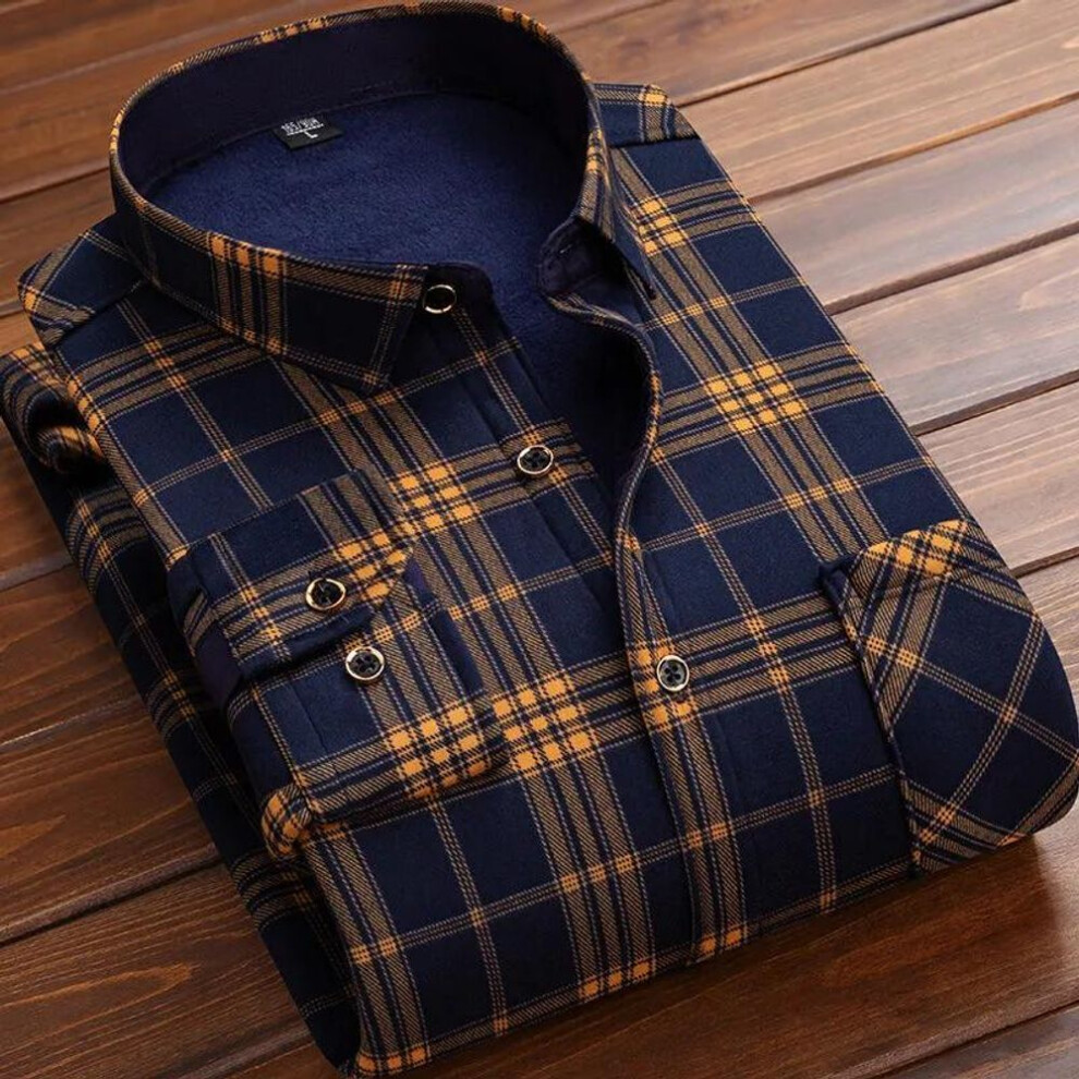 (yellow, XL) Men&apos;s Winter Warm Long Sleeve Plaid Shirts Flannel Fur Lined Thick Formal Shirts Fleece Casual Shirt for Men Dress Shirts