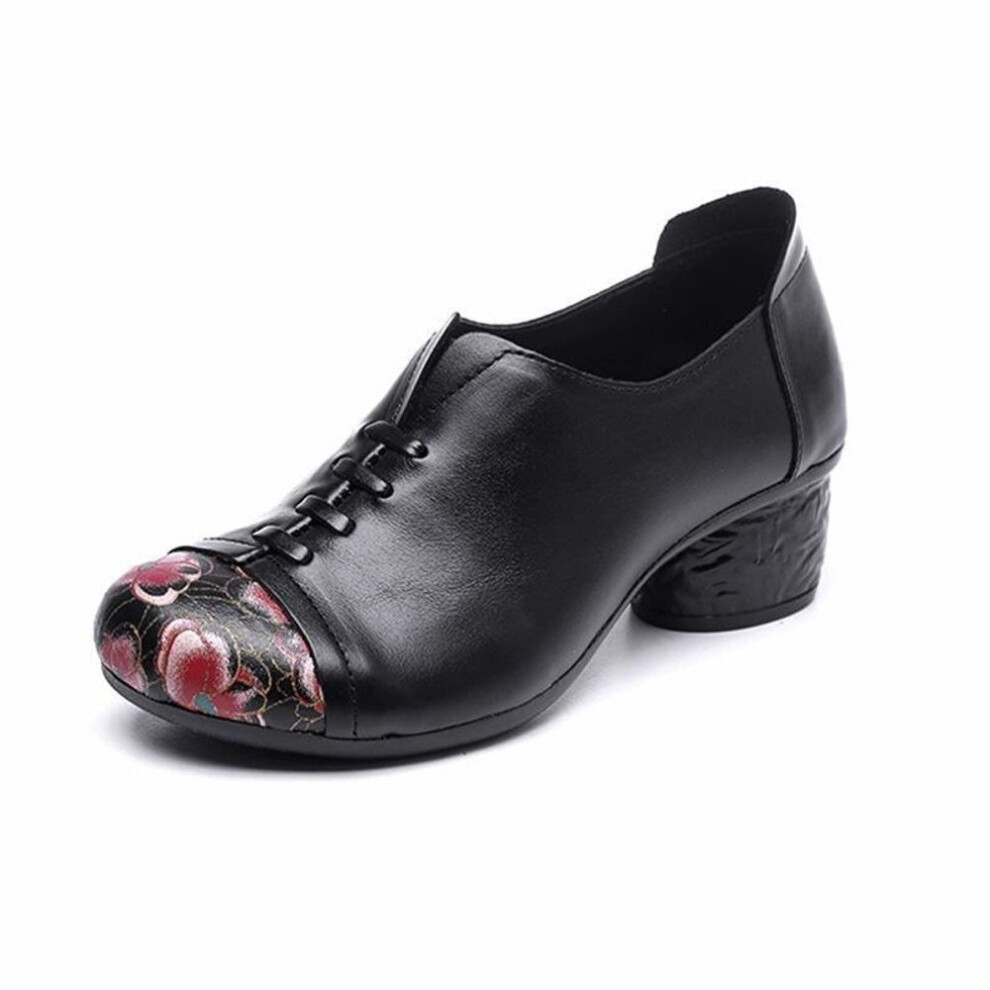 (black, 39) Pumps Women Shoes Genuine Leather Retro Casual Round Toe Handmade Shallow Ladies Shoes