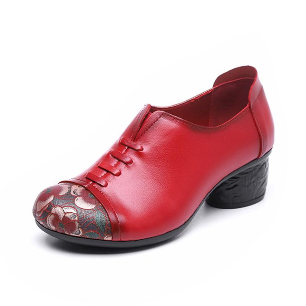 (red, 36) Pumps Women Shoes Genuine Leather Retro Casual Round Toe Handmade Shallow Ladies Shoes