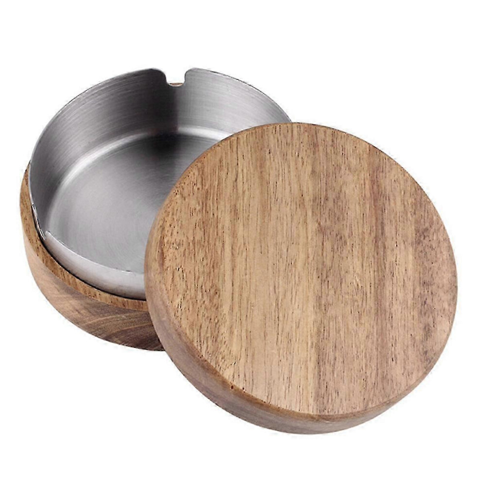 Kikidex (As Show, One Size) Wood Ashtrays With Lid Covered Windproof Ashtray With Stainless Steel Liner Indoor Outdoor Ash Tray,13 X 4.5Cm