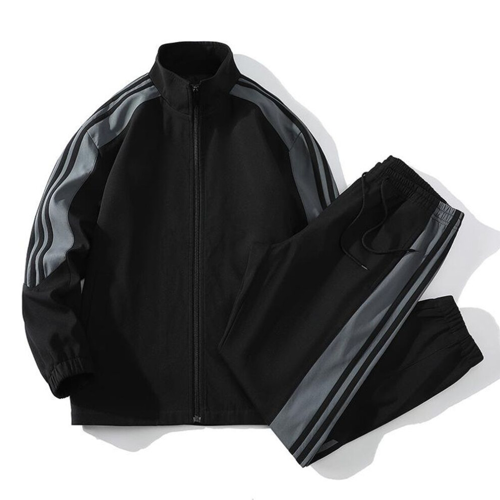 (black, M) Men&apos;s Spring and Autumn New Casual Sports Jacket Set Korean Version of the Trend Three-pole Splicing Two-piece Set