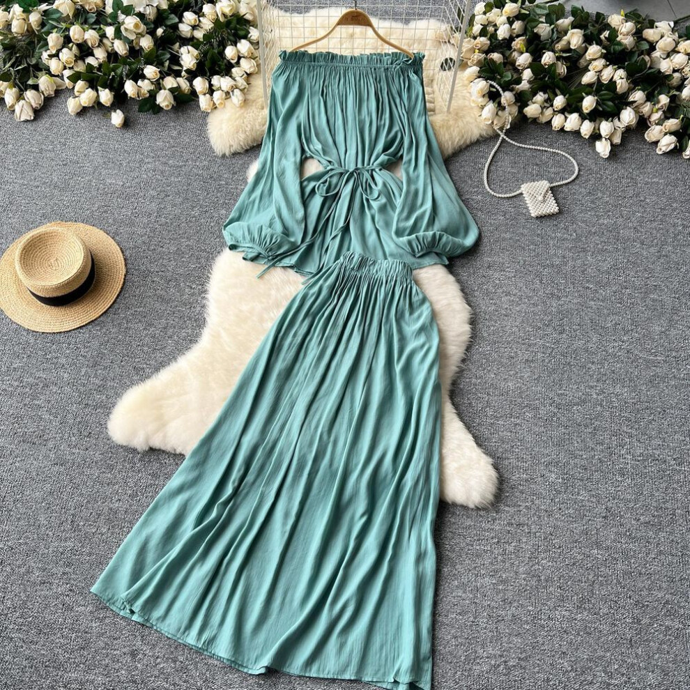 (blue, One Size) Gentle Two Piece Sets Women Slash Neck Off Shoulder Lantern Long Sleeve Slim Waist Top+high Waisted Large Hem Skirt