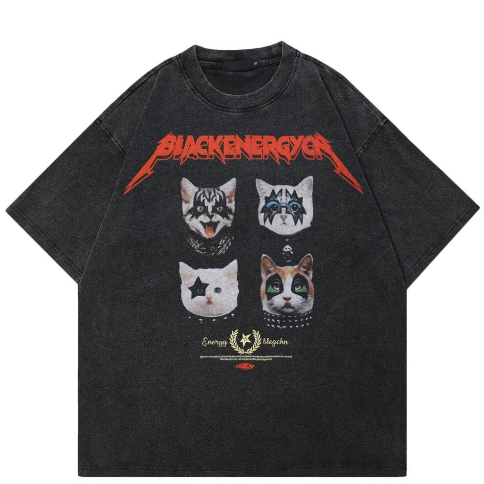 (black, M) Streetwear Both Sides Cats Graphic Unisex T-Shirt Cotton Washed Black Tshirt Unisex Tops Tees Summer Short Sleeves T Shirt