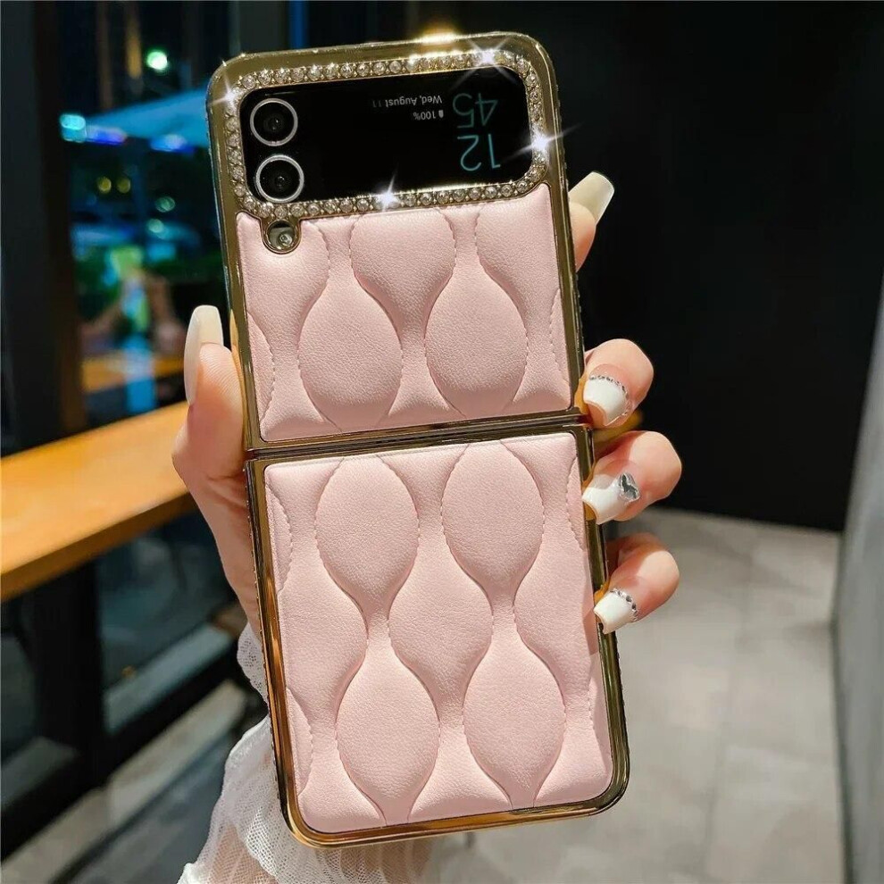 (pink, galaxy z flip 4) Luxury Plating Gold Glitter Diamond Cover for Samsung Z Flip 3 Flip 5 Plaid Stripe Soft Leather Case for Samsung Galaxy Z Flip 4