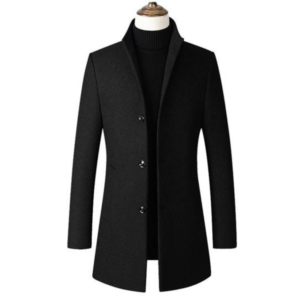 (black, XL) Men Fall Winter Trench Coat Stand Collar Single-breasted Straight Solid Color Long Sleeve Cardigan Thick Warm Pockets Mid Length Men Jacket