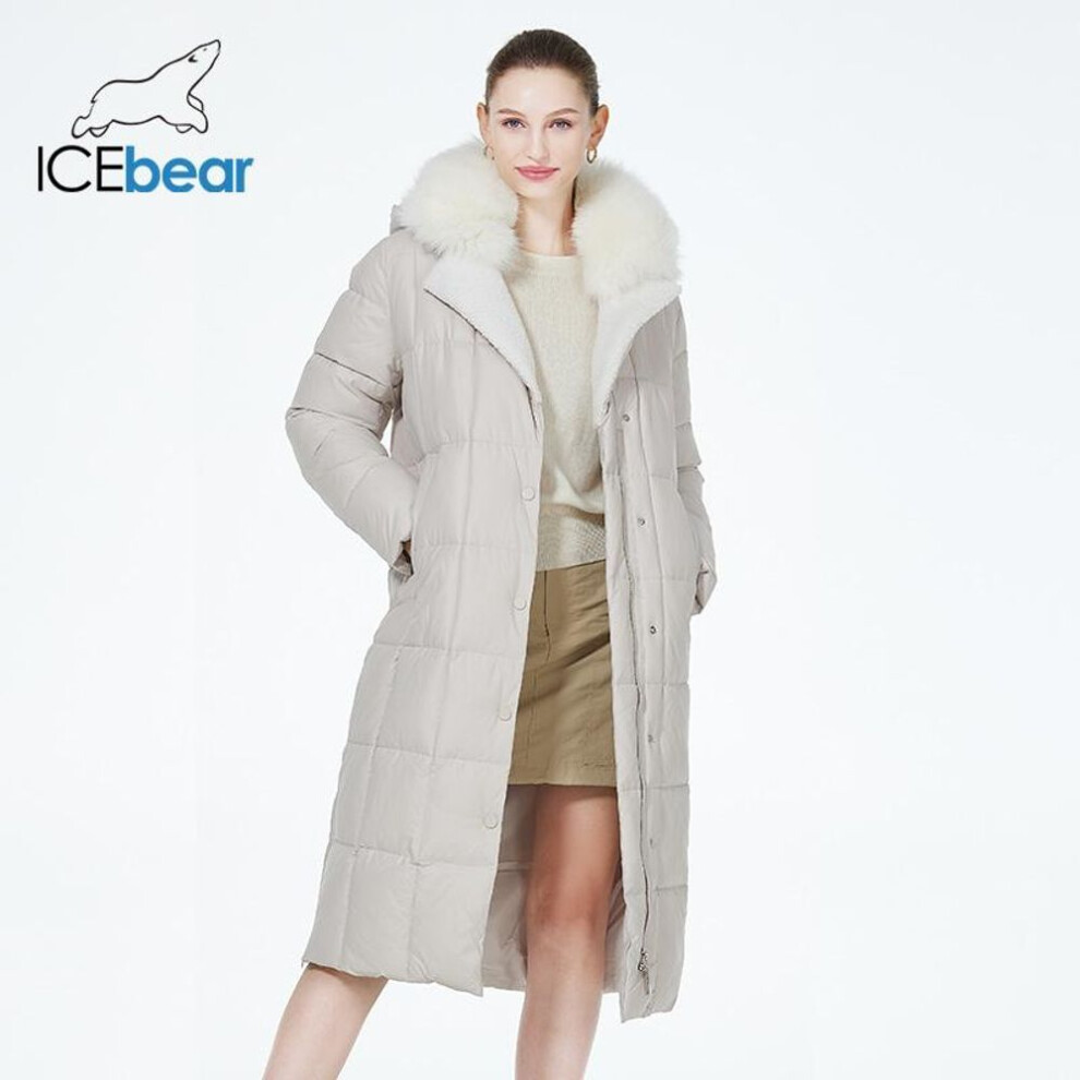 (beige, 44) ICEbear new 2023  fur hood women coat long luxury jacket female warm quilted coat parkas with belt GWD3906I