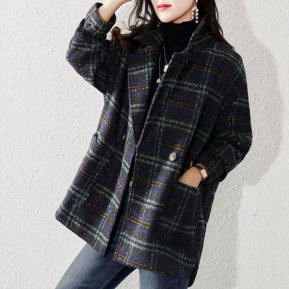 (blue, L) Winter Women Korean Loose Wool Clothes Plaid Wide-waisted Formal Cashmere Coat And Jackets Casual