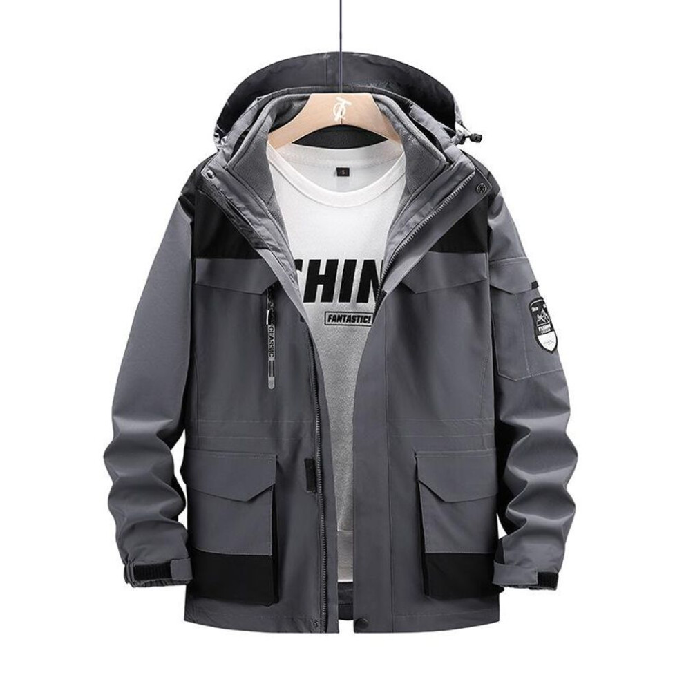 (grey, 8XL) Winter Plus Size Warm Windproof Waterproof Two-piece Jacket Warm Hooded Mountaineering Suit