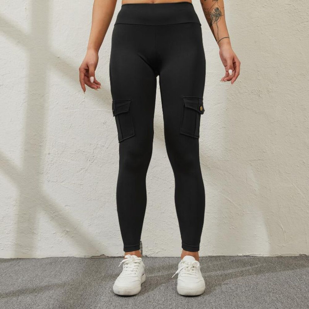 (black, L) Women Yoga Pants Military Style Sport Leggings Gym Slim Fit Pocket Sweatpants Outdoor Running Fitness Pants