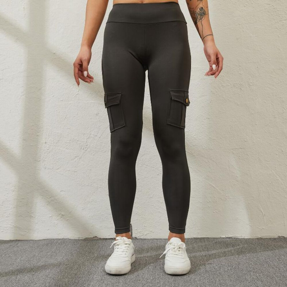 (gray, M) Women Yoga Pants Military Style Sport Leggings Gym Slim Fit Pocket Sweatpants Outdoor Running Fitness Pants