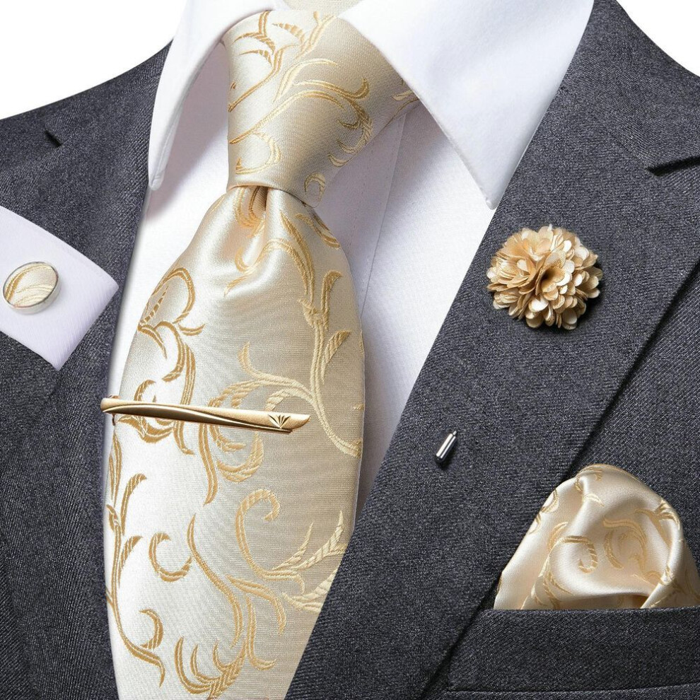 (as the picture, N-1117) Hi-Tie Mens Silk Tie Set Brooch Pin Necktie Hanky Cufflinks Tie Clip for Business Wedding