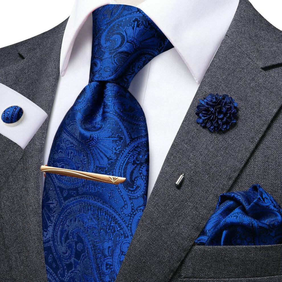 (as the picture, N-1435) Hi-Tie Mens Silk Tie Set Brooch Pin Necktie Hanky Cufflinks Tie Clip for Business Wedding