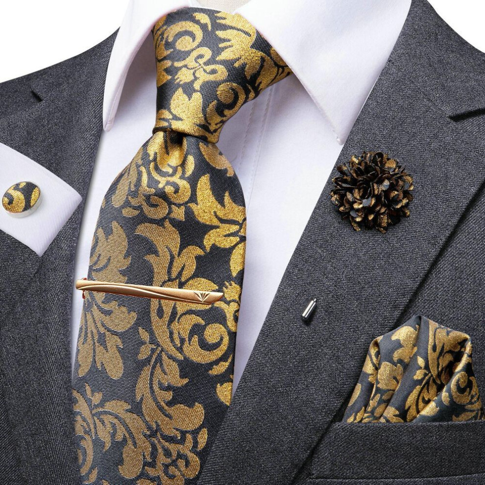 (as the picture, N-3058) Hi-Tie Mens Silk Tie Set Brooch Pin Necktie Hanky Cufflinks Tie Clip for Business Wedding