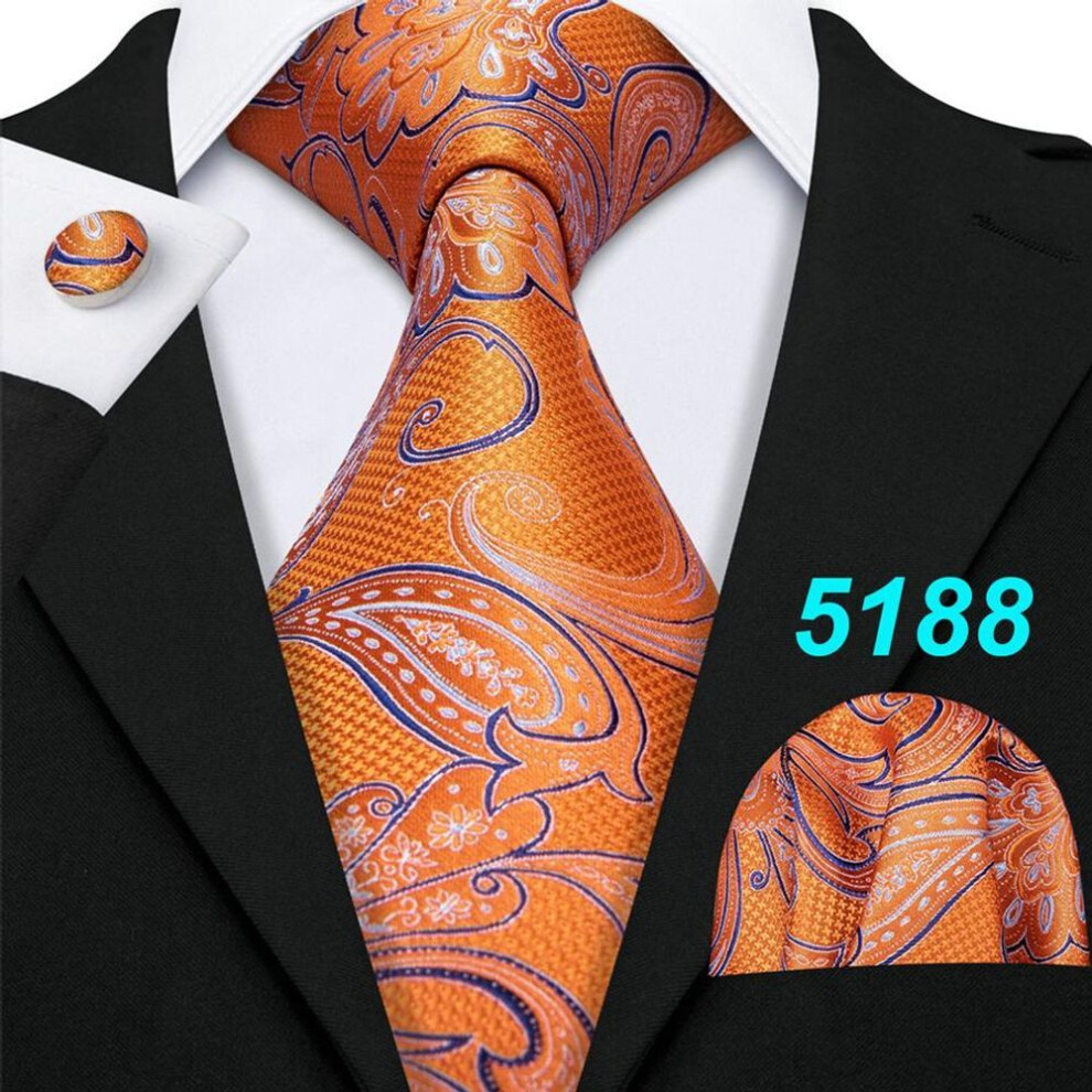 (as the picture, N-5188) Barry.Wang Mens Tie Set Jacquard Orange Silk Necktie Pocket Square Cufflinks Set