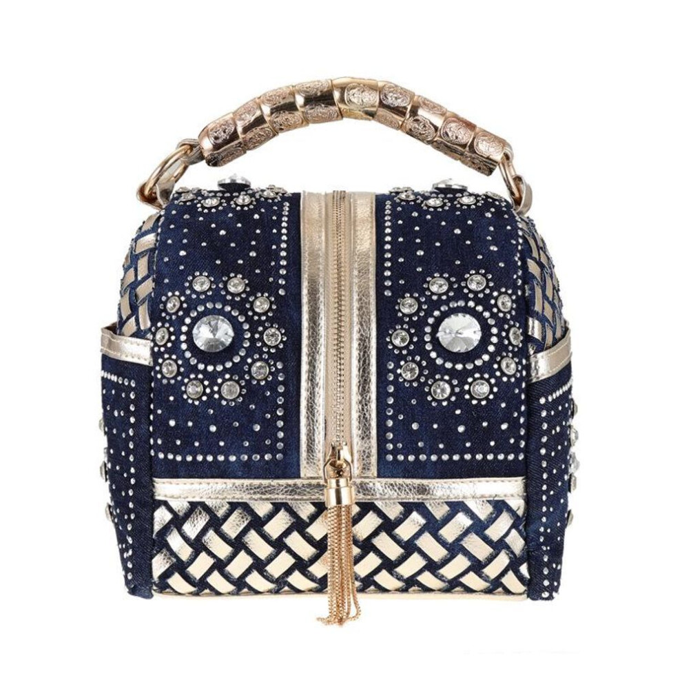 (gold) Designer Woven Women Handbag Famous Brand Rhinestone Totes Shoulder Bag Luxury Bags Denim Bag