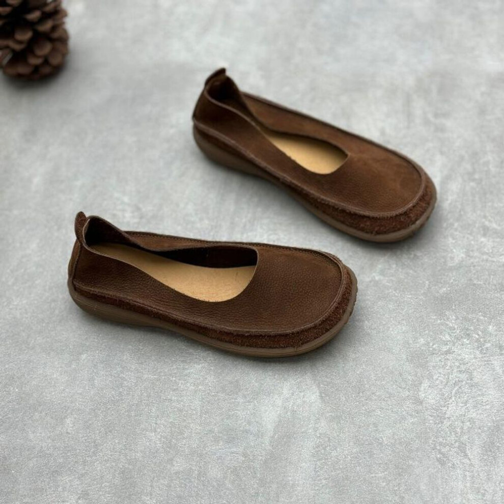 (coffee, 39) Johnature Handmade Genuine Leather Flat Shoes Loafers Round Toe Soft Sole Simple Women&apos;s Slip-on Shoes