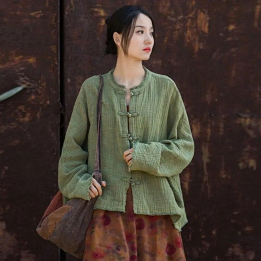 (green, One Size) Johnature Women Chinese Style Shirts Solid Color Long Sleeve Button Loose Autumn Vintage Cotton Linen Women Shirts Tops