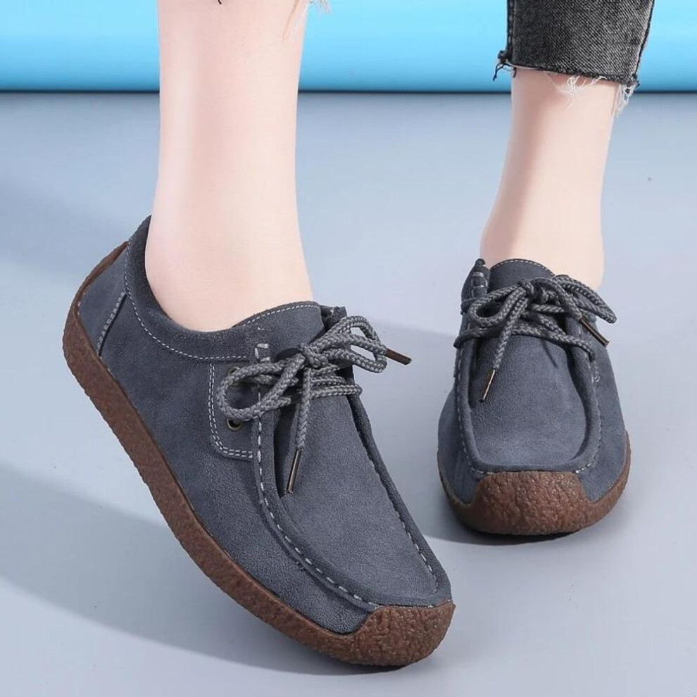 (gray, 40) Suede Leather Women Casual Shoes Lace Up Flats Sneakers Women Moccasins Designer Loafers Ladies Shoes Woman