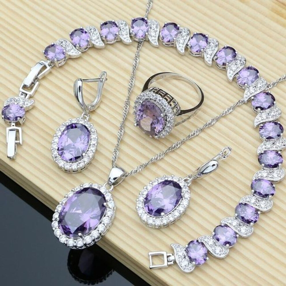 (purple, 9.5) Purple Gem Amethyst 925 Silver Jewelry Sets Earrings Rings Accessories Women Wdding Monkey Necklace Set
