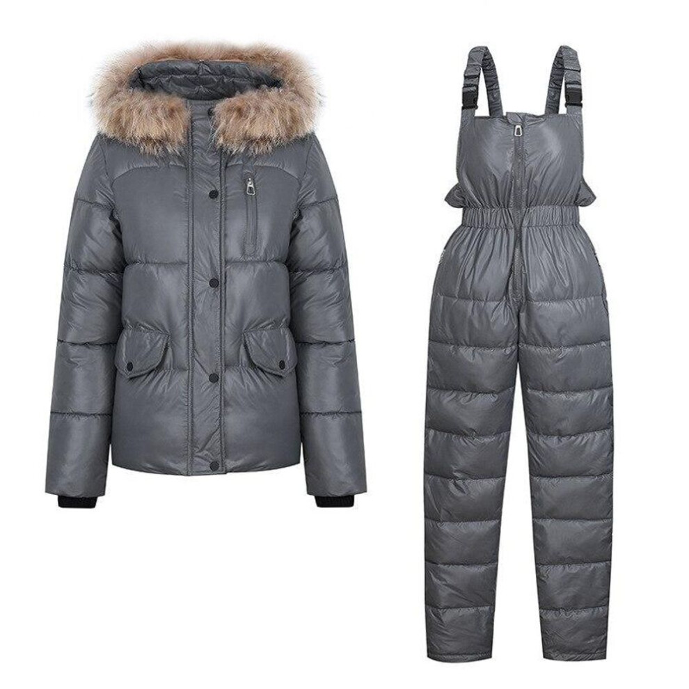 (grey, L) Women Winter Short Hooded Glossy Windproof Waterproof Coat Two Pieces Suit Puffer Jacket Cotton Padded Parkas Warm Outwear