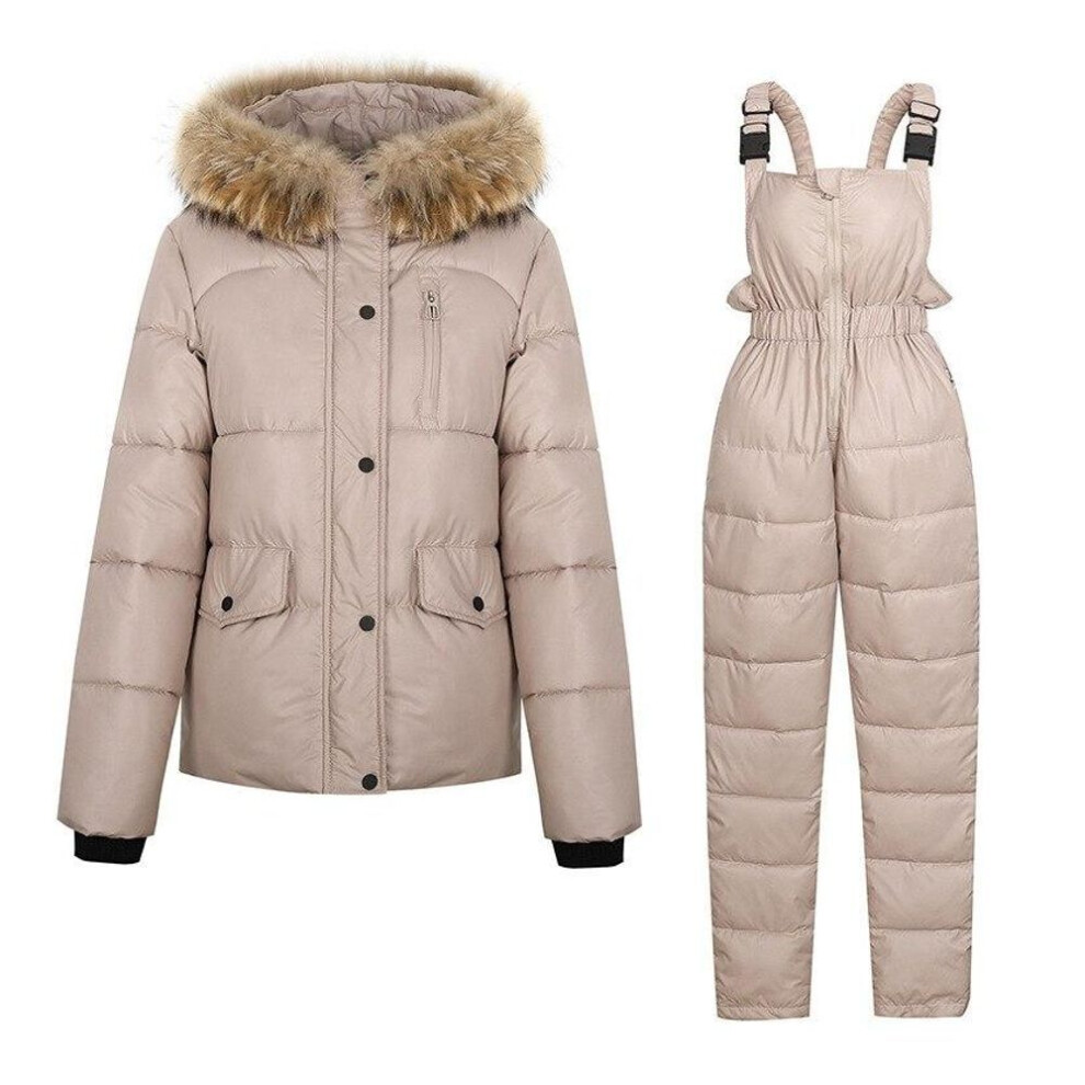 (khaki, L) Women Winter Short Hooded Glossy Windproof Waterproof Coat Two Pieces Suit Puffer Jacket Cotton Padded Parkas Warm Outwear