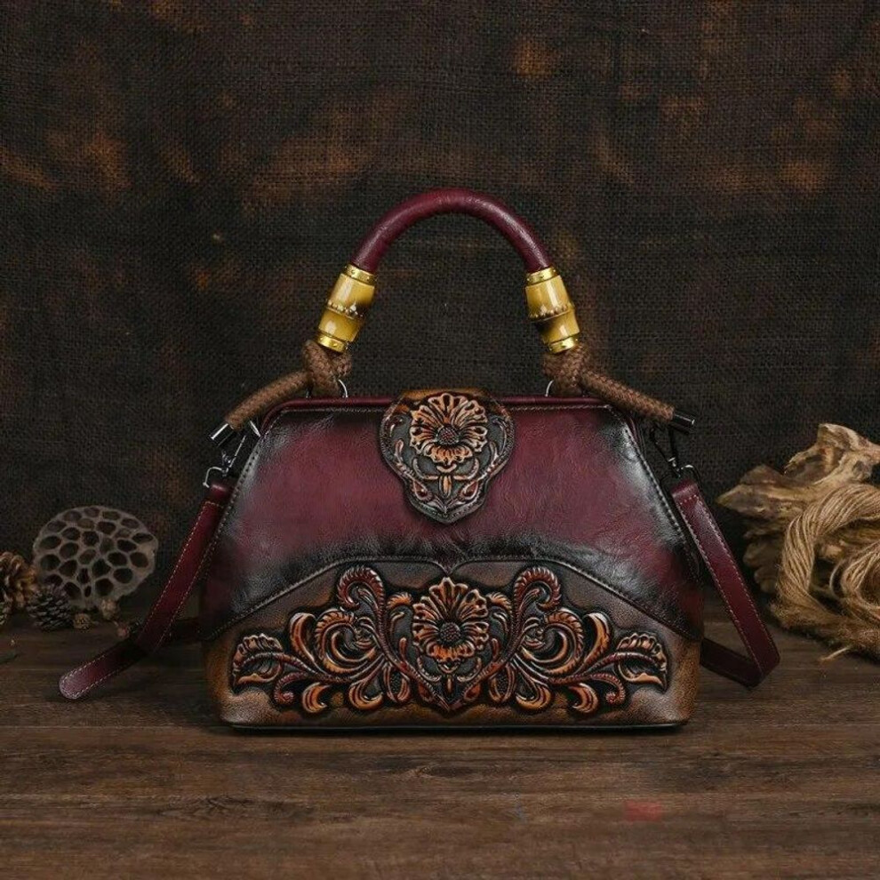 (wine red) Ladies Luxury Handbag 2024 New Vintage Handmade Leather Carved Women Tote Bag Versatile Female Shopping Shoulder Crossbody Bags