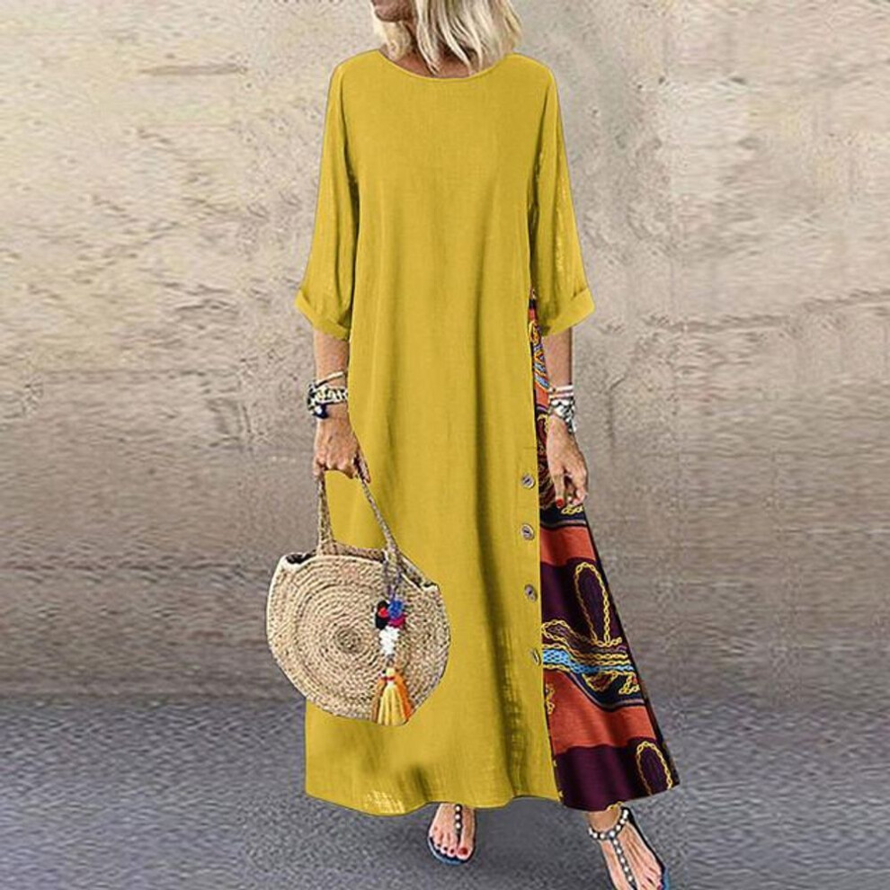 (yellow, 5XL) Women&apos;s Fashion Casual Loose Big Swing Half Sleeve Floral Holiday Maxi Plus Size Longos Robe Vintage Flower Round Neck Contrast Long Dress