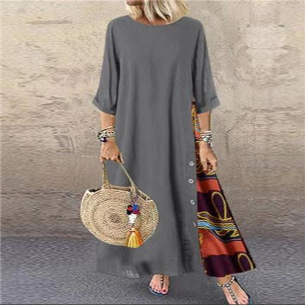 (grey, 3XL) Women&apos;s Fashion Casual Loose Big Swing Half Sleeve Floral Holiday Maxi Plus Size Longos Robe Vintage Flower Round Neck Contrast Long Dress