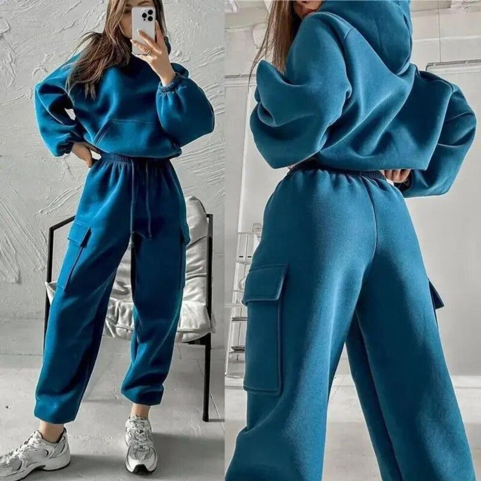 (blue, L) Women Hooded Tracksuit Two Pieces Set Sweatshirts Pullover Hoodies Pockets Pants Suit Drawstring Trousers Sports Outfits
